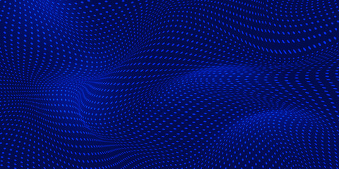 backdrop design Dark blue. Mesh wave pattern and moving dots on a dark and glowing background. Digital science and modern technology.