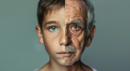 The face is divided into two halves - half of a young man and half of an old man. Childhood and old age. Life cycle. One person at different ages. Generated AI - obrazy, fototapety, plakaty