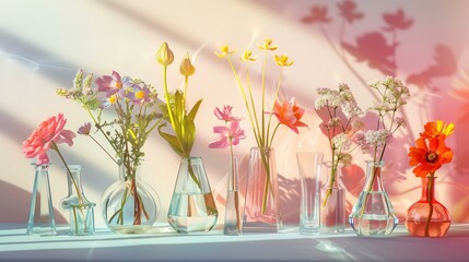 many glass vases in geometric shapes with spring flowers, pastel background