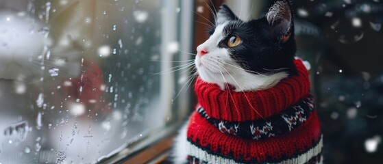 Cute lovely black and white cat wearing christmas style sweater sitting on the window on winter day