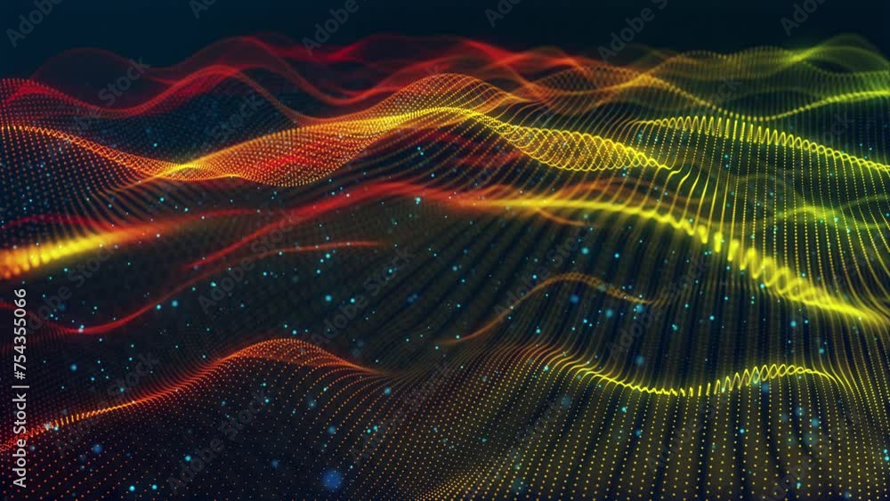 Poster stunning surface composed of neon glow particles that form waves of light. captivating seamless loop