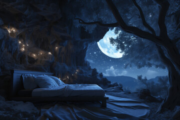 A bed placed in the center of a forest under a dark night sky with stars and the moon shining brightly