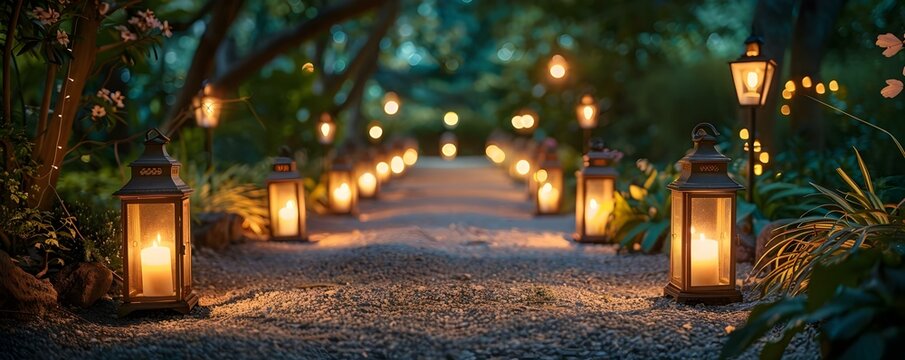 Twilight scene with lanterns and Easter decorations along a garden path. Concept Twilight Scene, Lanterns, Easter Decorations, Garden Path, Outdoor Photoshoot