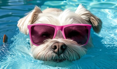 Happy dog ​​in glasses relaxes in the pool. Concept tourism, vacation.	
