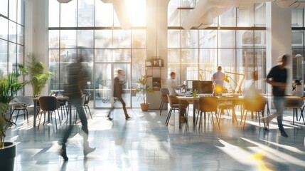 Dynamic Corporate Atmosphere: Hustle & Bustle of Modern Professionals in a Bright Office Lobby.
