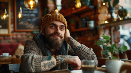 Pensive tattooed man in cafe looking out window, moody blue tones, urban