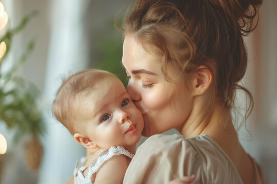 Caring mom cuddle hug small infant child or kid. Mothers day celebration, Happy motherhood or parenthood. 