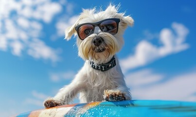 Happy dog ​​with glasses relaxes on the sea. Concept tourism, vacation. - obrazy, fototapety, plakaty
