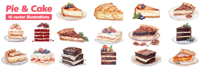 Birthday cake pieces, cut slices. Holiday desserts portions set. Sweet party food. Tasty pastry with candles, decorations, cream. Colored flat vector illustrations isolated on white background 