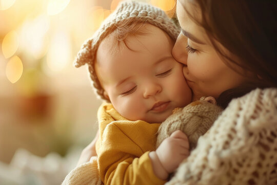Caring mom cuddle hug small infant child or kid. Mothers day celebration, Happy motherhood or parenthood. 