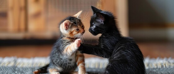 Small kitten plays or fights with black cat in the house. Relationships between animals, raising a...