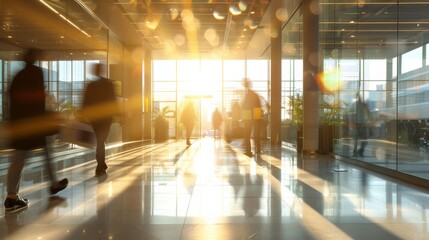 long exposure shot of a crowd of business people walking in a bright office lobby, fast-moving with blurriness.  - obrazy, fototapety, plakaty