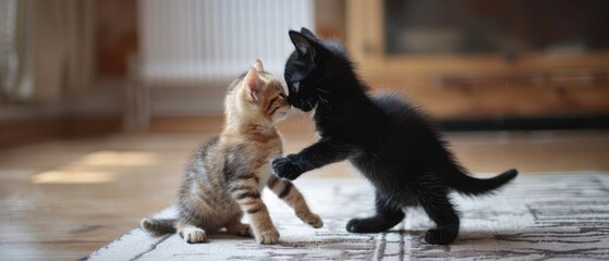 Small kitten plays or fights with black cat in the house. Relationships between animals, raising a...