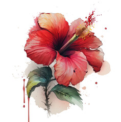 Red hibiscus flower watercolor. Illustration AI Generative.