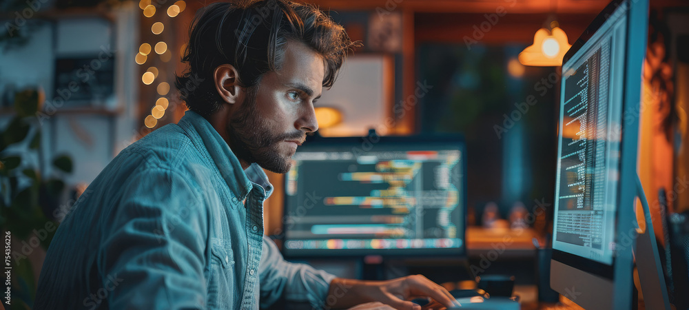 Poster Man working behind pc. Generative AI.