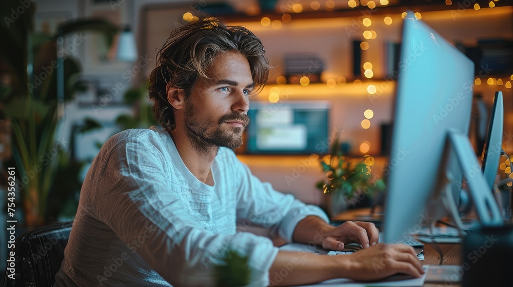 Poster Man working behind pc. Generative AI.