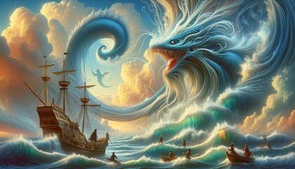 Fantasy Sea Battle with Mythical Dragon and Ships