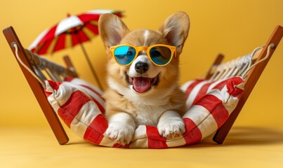 Happy dog ​​with glasses relaxes on the sea. Concept tourism, vacation.