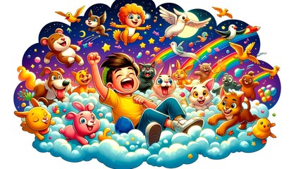 Naklejka premium Colorful illustration of a boy with fantastical animals
