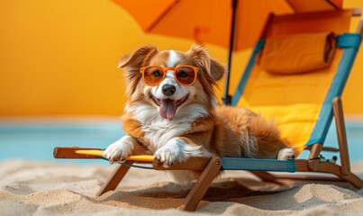 Happy dog ​​with glasses relaxes on the sea. Concept tourism, vacation. - obrazy, fototapety, plakaty