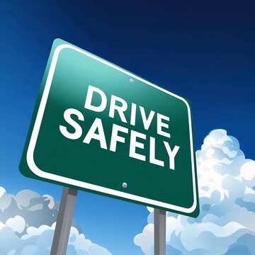 Message DRIVE SAFELY on green road sign with blue sky background