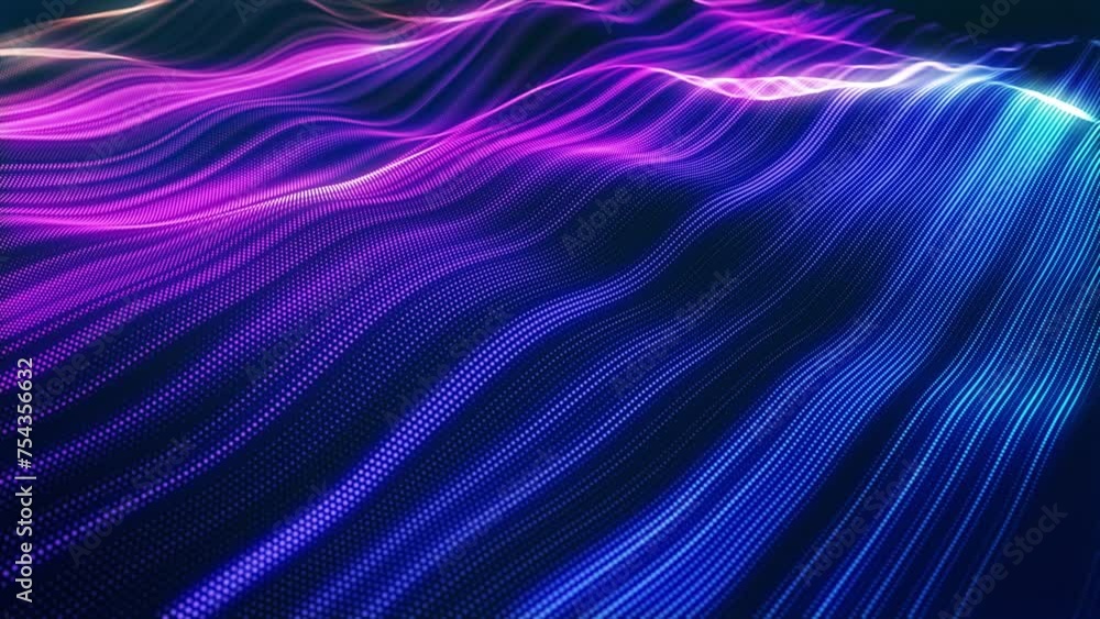 Poster blue stripes. stunning surface composed of neon glow particles that form waves of light, creating a 