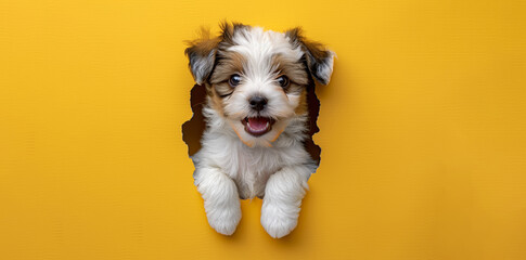 Funny smiling dog climbs out of hole in colored background. Wide angle horizontal wallpaper or web banne - obrazy, fototapety, plakaty