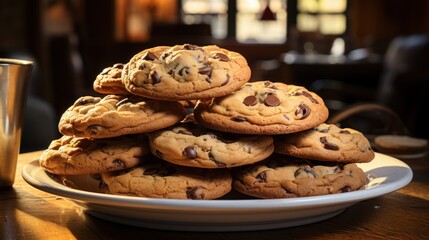 Stack of chocolate chip cookies sits temptingly on a wooden table.