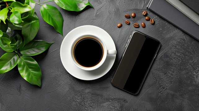 top view of a cup of coffee and smartphone. For layout, mockup, template, presentation, banner, advertisement. Business concept
