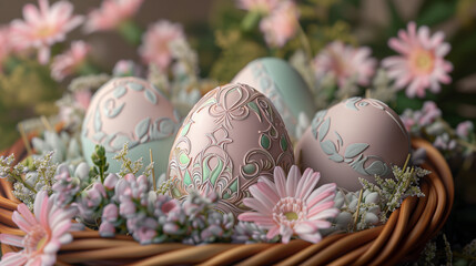 Decorated Easter eggs basket with spring flowers