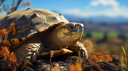 Naklejka premium Serene turtle rests on a rock, with a backdrop of clear skies and distant hills.