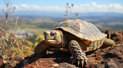 Serene turtle rests on a rock, with a backdrop of clear skies and distant hills.