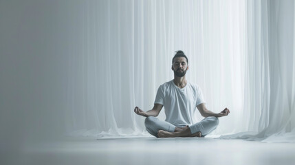serene male yoga enthusiast in a meditative pose, isolated against a white background