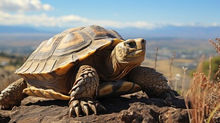 Naklejka premium Serene turtle rests on a rock, with a backdrop of clear skies and distant hills.
