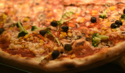 Fragrant and appetizing pizza with broccoli and olives