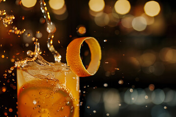 Citrus Splash: A minimalist shot focusing on the moment when a citrus peel is being twisted over a cocktail, releasing its aromatic oils, against the backdrop of the atmospheric di - obrazy, fototapety, plakaty