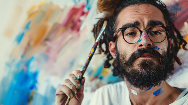 Portrait photo of a thoughtful bearded artist with paintbrush in hand in front of canvas