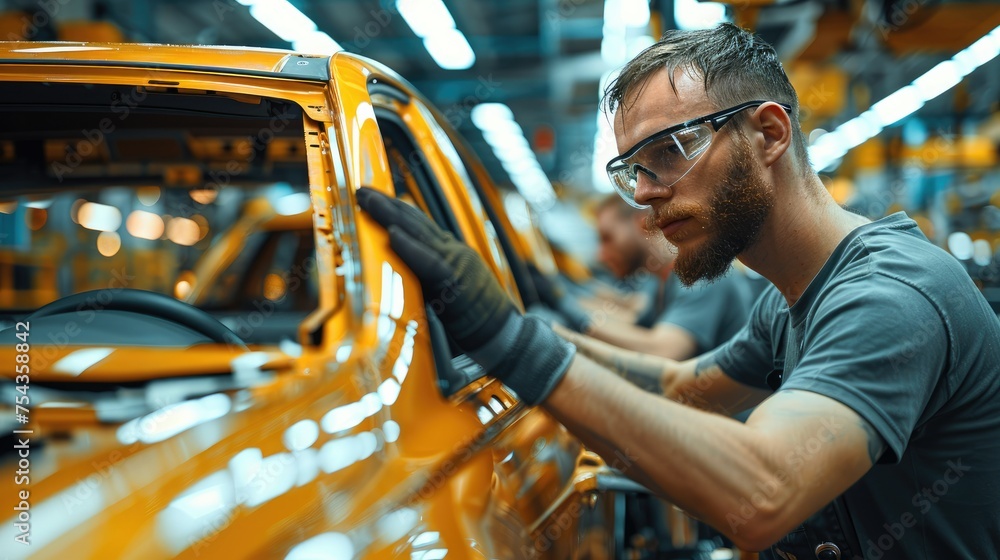 Poster industrial workers wearing glasses while assembling cars in a production line and distributed over t