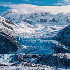 Wide panorama of the big glacier, high in the mountains, covered by snow and ice. Altai winter landscape.