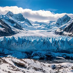 Wide panorama of the big glacier, high in the mountains, covered by snow and ice. Altai winter landscape.