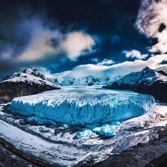 Wide panorama of the big glacier, high in the mountains, covered by snow and ice. Altai winter landscape. - obrazy, fototapety, plakaty