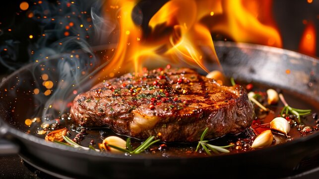 Sizzling Steak on Cast Iron Skillet Amidst Rising Flames