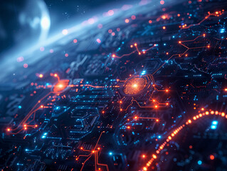 Worldwide tech grid interconnected data. Cybernetic planet glowing connections