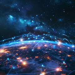 Obraz premium Worldwide tech grid interconnected data. Cybernetic planet glowing connections
