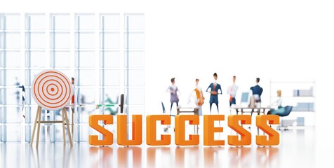 Success word and business target symbol with business people working blur at the background and copy space at white. 3D rendering