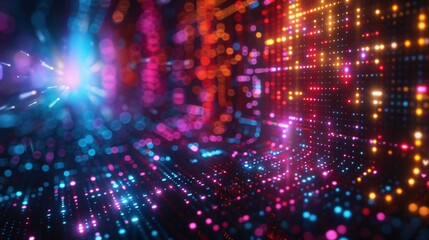 Obraz premium A colorful and bright grid of dense neon pixels.