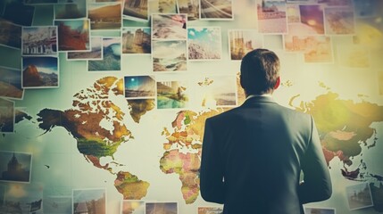 Man Planning Travel Destinations with World Map and Photos - obrazy, fototapety, plakaty