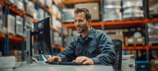 Happy gray uniformed HVAC technician using his computer at a desk in a warehouse, having a video conference with a customer. Generative AI.