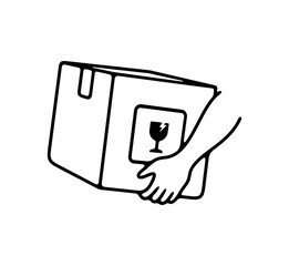 Hands holding cardboard box with fragile goods sign or symbol. Delivering parcels, delivery service, courier and package, illustration