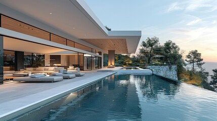 Modern Residence with a Stunning Pool and Floating Deck, With beauty of the landscape and infinity...